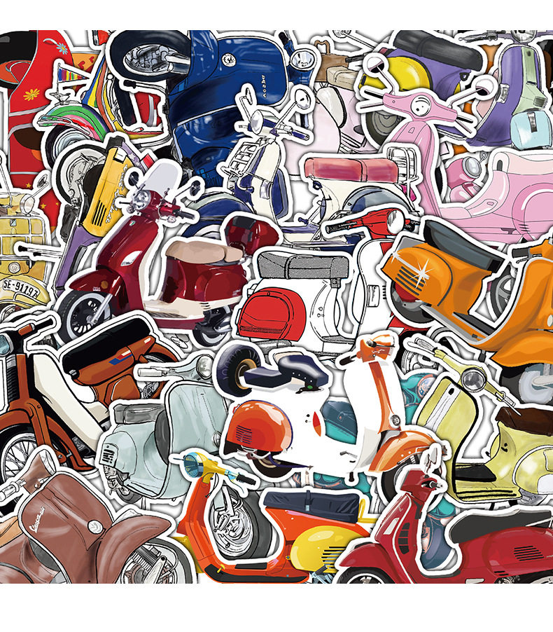 50张复古彩色摩托车卡通防水贴画笔记本电脑水杯吉他滑板头盔贴纸