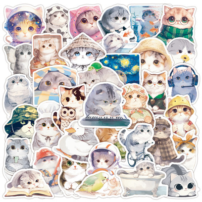 50张卡通水墨猫咪可爱涂鸦贴纸