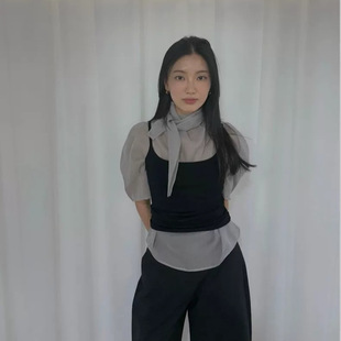 现货2026春季新韩国东大门am*me*to纯色衬衫轻薄围巾领半袖上衣女