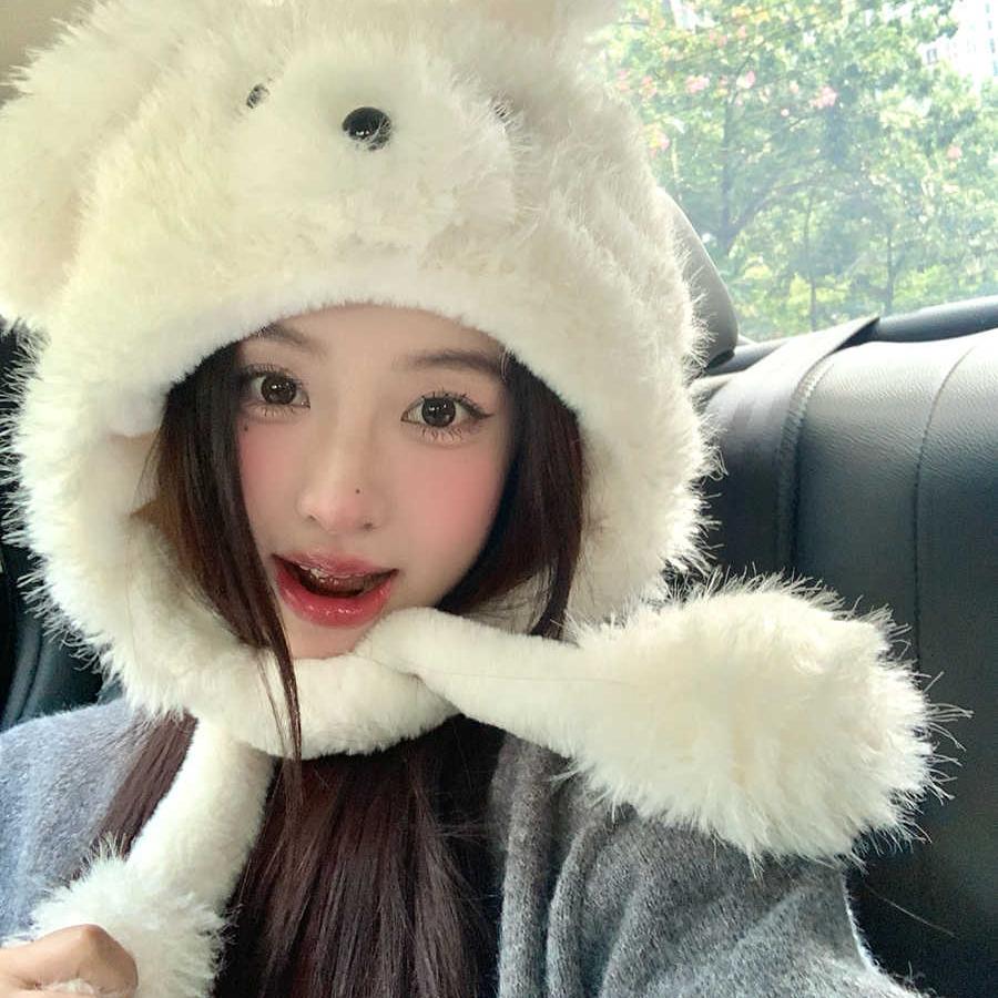 可爱小狗毛绒帽女秋冬2024新款保暖防寒耳朵会动的帽子护耳雷锋帽