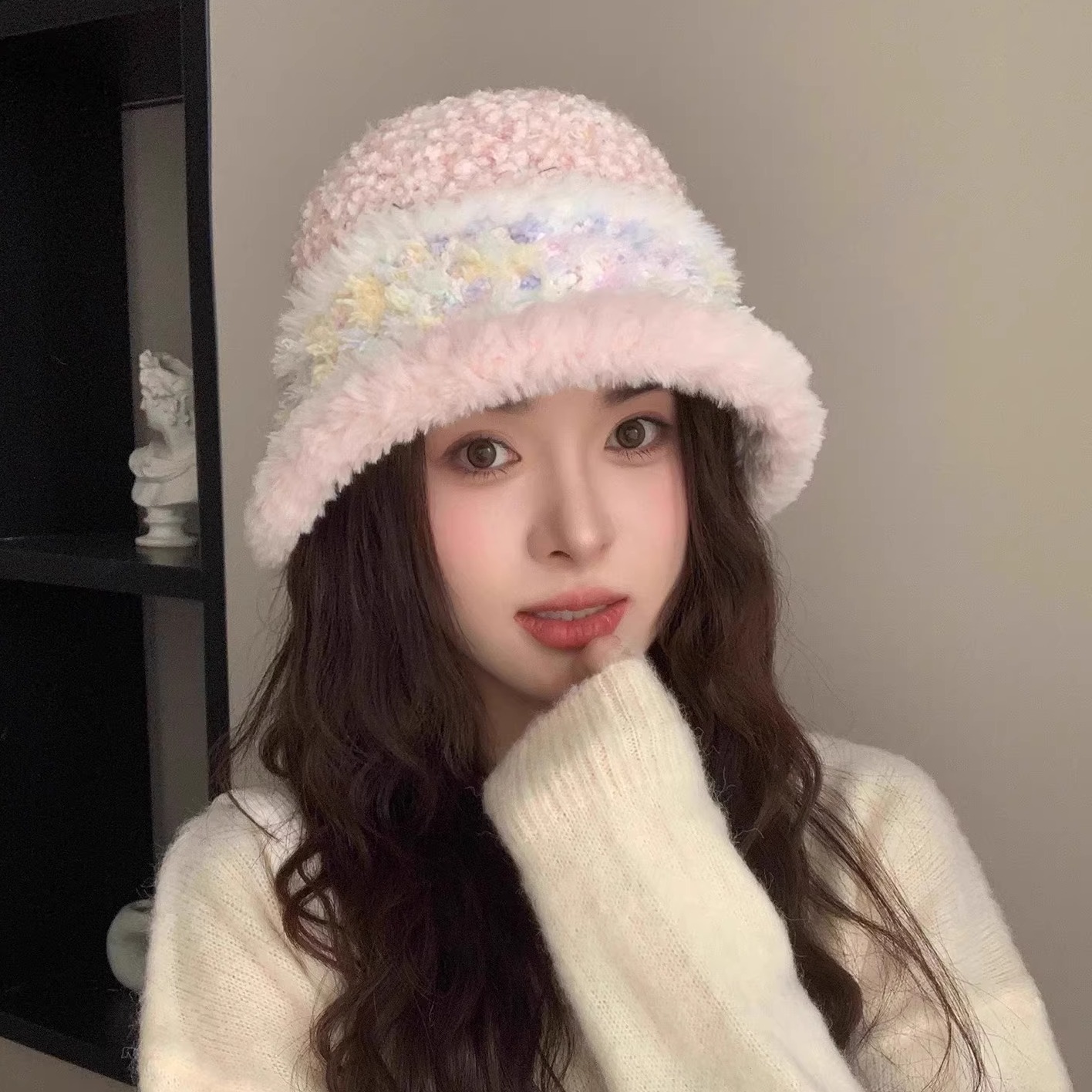 毛绒针织渔夫帽女秋冬韩版显脸小