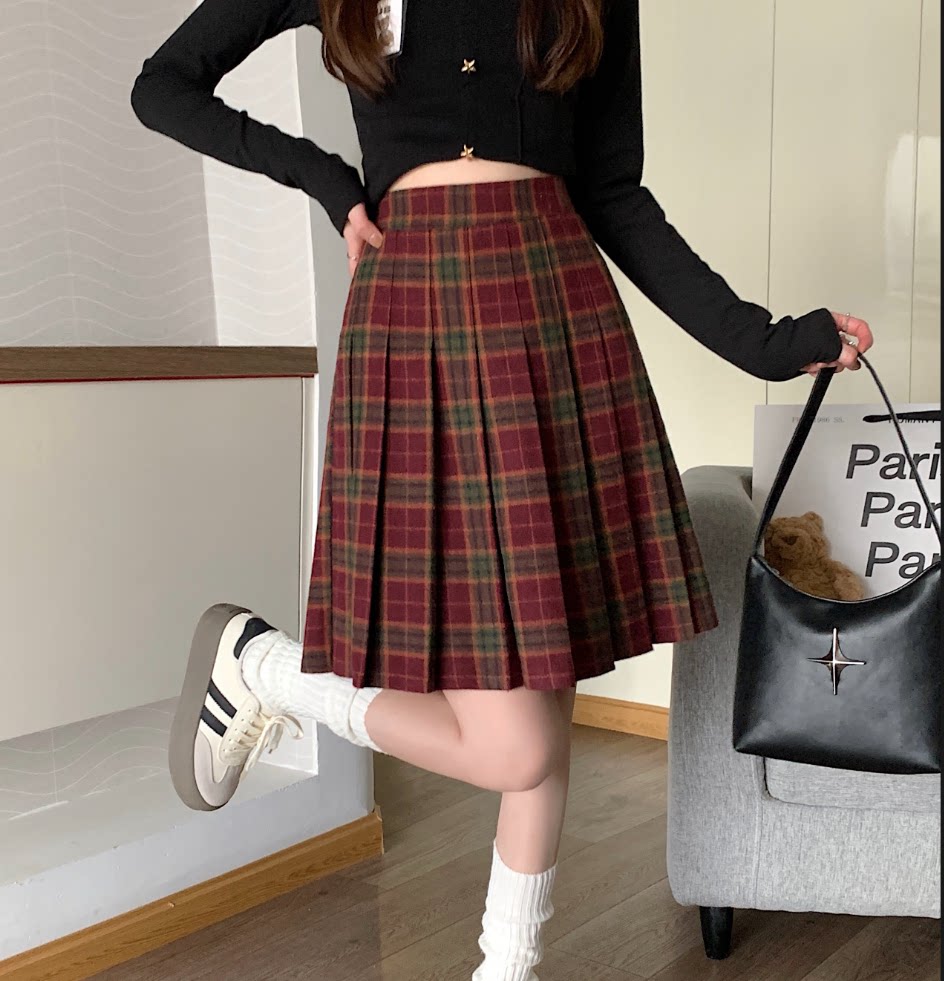 红格子毛呢大码百褶裙复古胖mm高腰半身裙秋冬显瘦防走光A字中裙