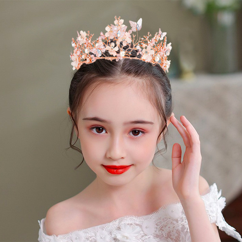 儿童粉色皇冠头饰公主女孩王冠女童演出发饰蝴蝶发箍十岁生日发卡