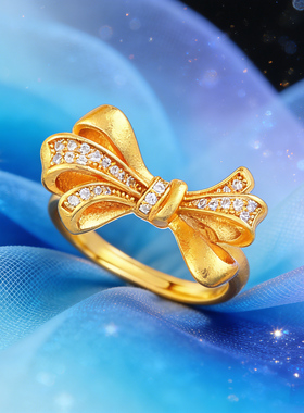 香橙朵朵铜镀金蝴蝶结戒指女可爱锆石开口戒指可调节儿童公主戒子