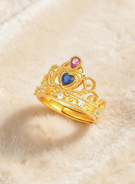 古法镀金新款皇冠戒指儿童可调节爱心宝石开口戒可爱公主孩子戒子