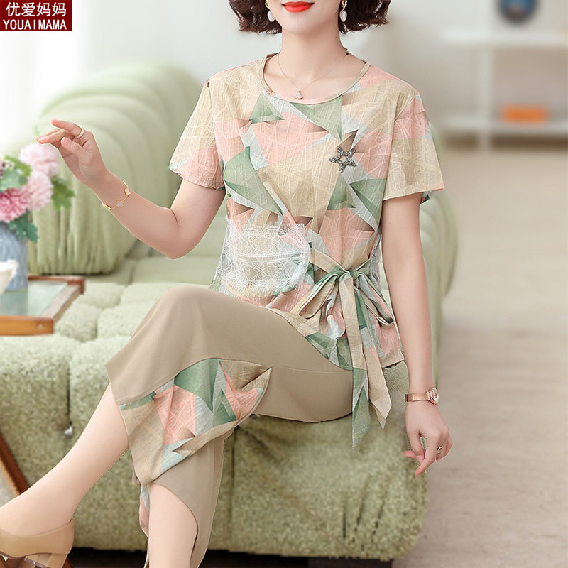 妈妈夏装套装洋气新款时尚雪纺短袖上衣服季婆婆中老年女装两件套