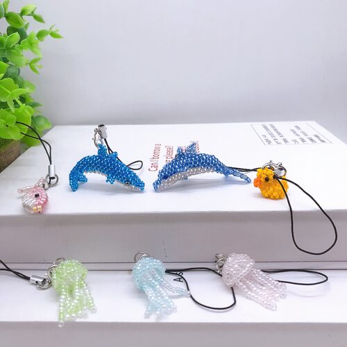 成品米珠海豚 水母海洋小动物挂件手工编织小鸭子钥匙挂件
