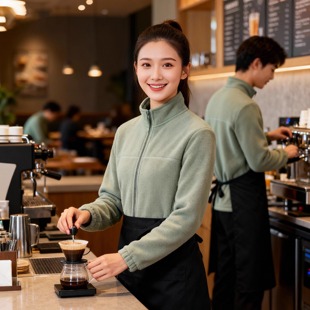 秋冬餐饮服务员工作服立领摇粒绒拉链外套女加厚保暖工装定制