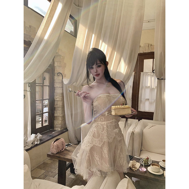 With 99jiu【纯欲温柔】蕾丝抹胸网纱短裙女夏法式显瘦甜辣连衣裙