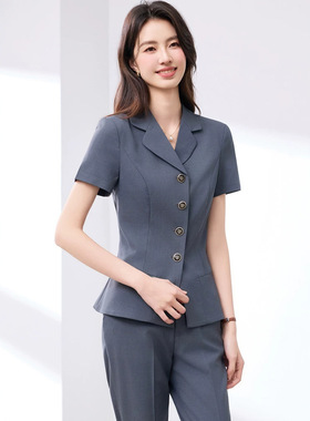 修身型灰色短袖西装套装女2026夏薄款职业套裤免烫处理工作服正装
