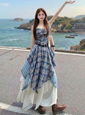 夏季女装度假风印花格子不规则荷叶边格纹吊带裙半身裙两件套收腰