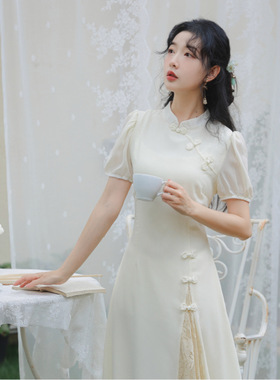 短袖新中式改良旗袍蕾丝连衣裙女2026夏季新款国风中腰礼服裙优雅