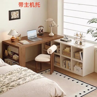 奶油风转角书桌书架一体家用学生学习桌卧室梳妆台L型实木电脑桌