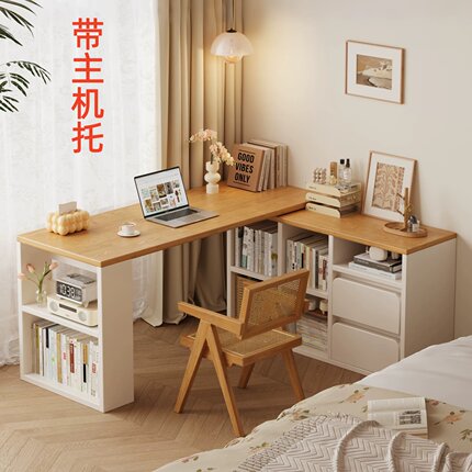 实木转角书桌家用学习写字桌书架一体桌卧室梳妆台床边L型电脑桌
