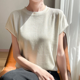 小衫 短袖 纯色简约飞袖 T恤女2025辛苦夏季 洋气体恤宽松冰丝针织衫