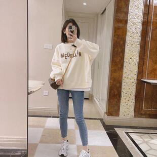 紫色假两件卫衣女秋冬季宽松套头加绒小个子洋气减龄上衣服ins潮