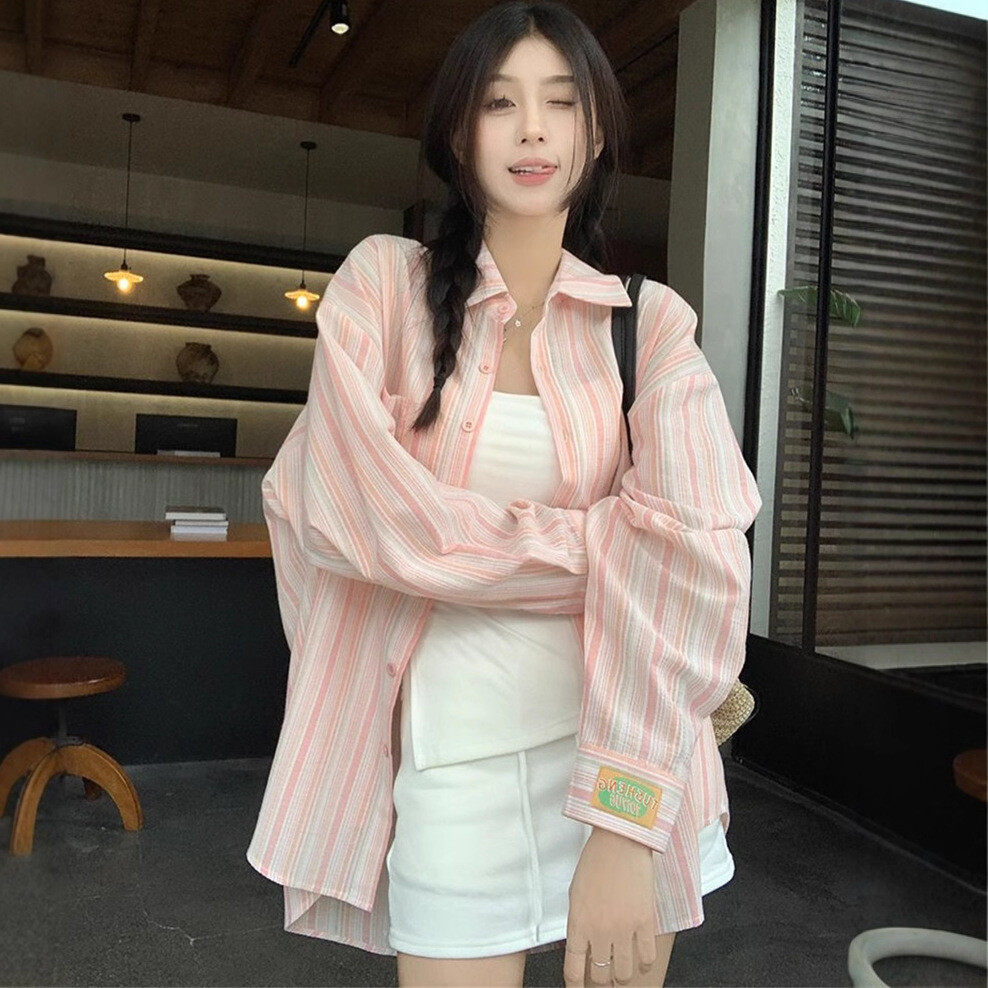 条纹长袖衬衫女装夏季薄款宽松polo领防晒衬衣中长款上衣工厂批发
