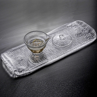 日式琉璃茶盘家用手工透明祥云纹水晶玻璃简约泡台托盘寿司刺参盘