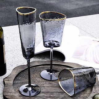 创意锤目纹描金边粉色灰色水晶玻璃红酒杯样板间香槟杯欧式高脚杯