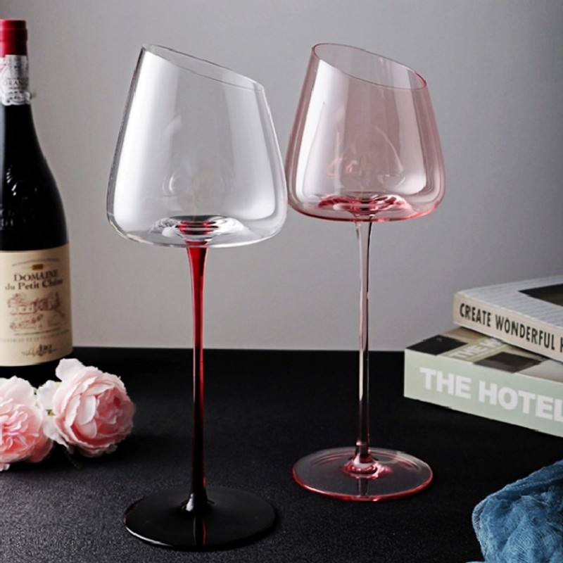 北欧斜口高颜值粉红色红酒高脚对杯结婚生日礼物黑领结香槟杯套装