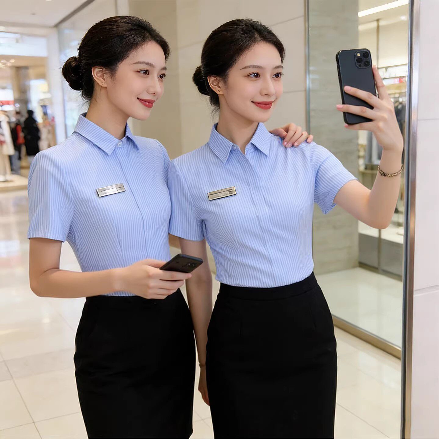 蓝色短袖衬衫女条纹上衣夏季销售4s店工作服职业正装气质面试衬衣