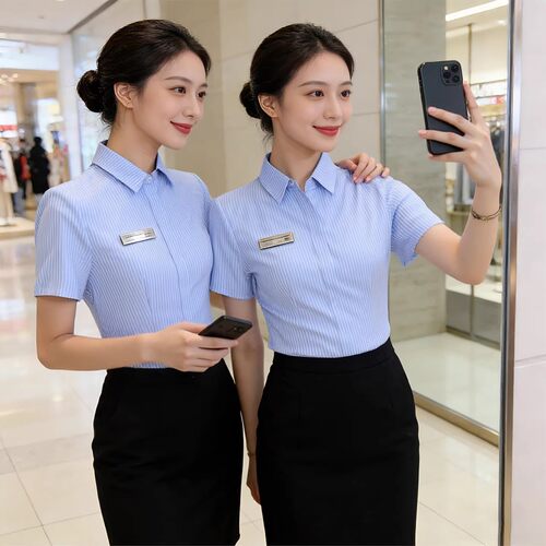 蓝色短袖衬衫女条纹上衣夏季销售4s店工作服职业正装气质面试衬衫