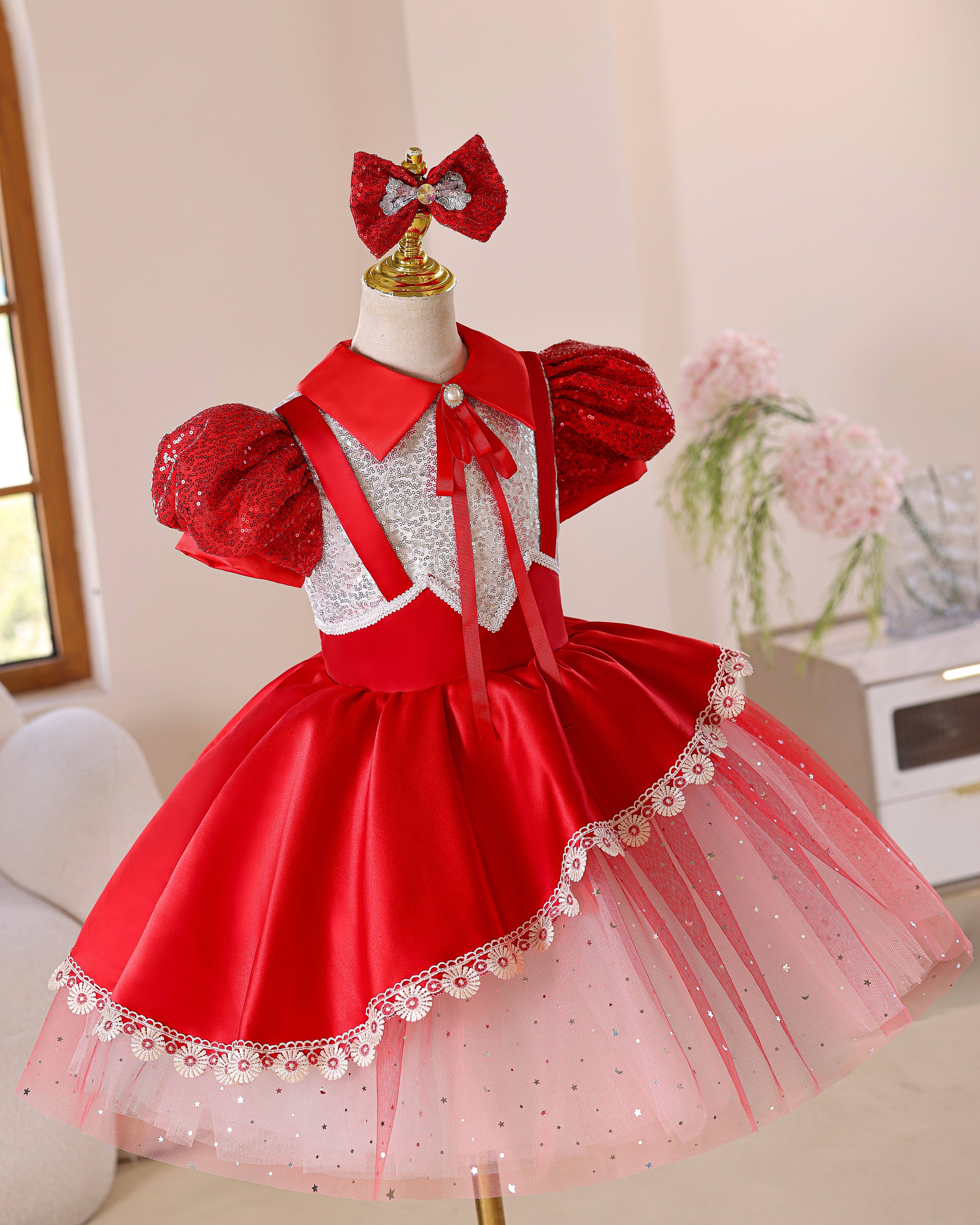 儿童元旦朗诵合唱生日礼服红色蓬蓬裙女宝宝周岁生日幼舞蹈蓬蓬裙