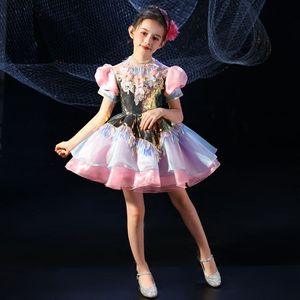 儿童粉色公主裙小主持人钢琴礼服女童蓬蓬裙女童舞台唱歌表演服装