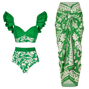 高腰显瘦分体性感泳装 绿色比基尼套装 新款 泳衣女夏季 女度假外搭裙