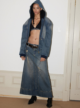 FSG复古boxy阔肩版型做旧加绒连帽牛仔卫衣