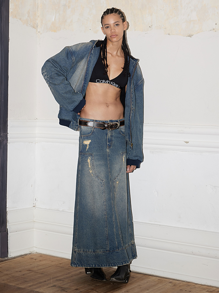 FSG水洗复古长款A字牛仔半裙