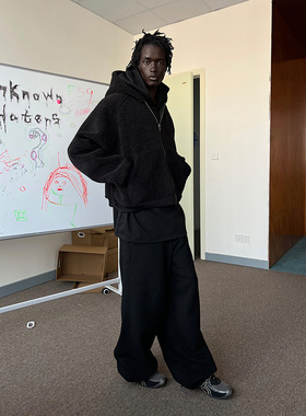 FSG 黑色宽松廓形连帽毛绒拉链厚外套