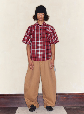 FSG 红黑格纹刺绣logo短袖衬衫