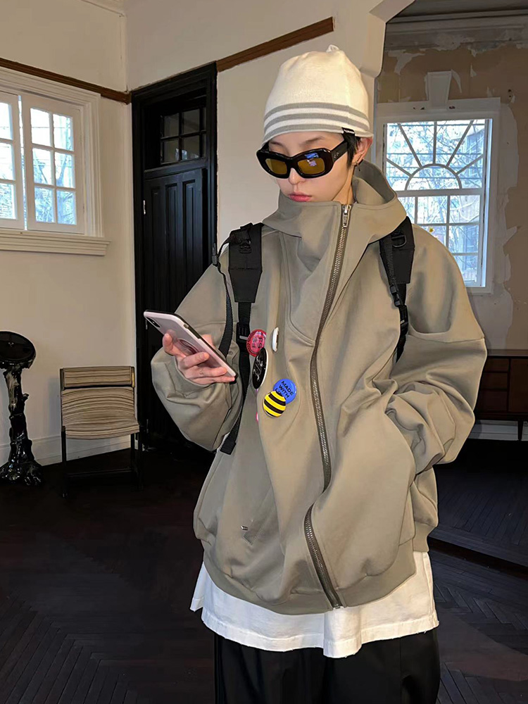 纯色徽章胸针FSG连帽开衫卫衣
