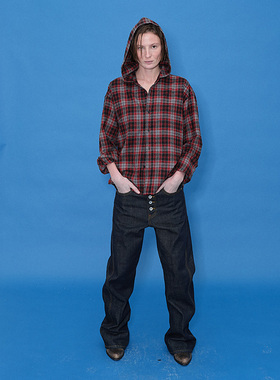 FSG 红灰格纹磨毛短款连帽衬衫