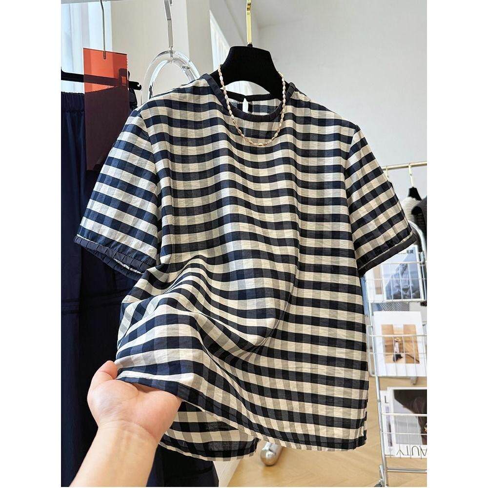 韩系复古撞色格子独特漂亮气质小衫女夏季薄款圆领衬衫巨好看上衣