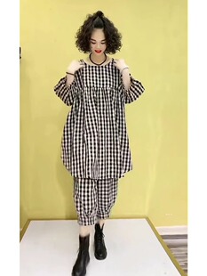 百搭休闲裤 宽松显瘦格子圆领上衣女时尚 两件套 新款 欧洲站2024夏季