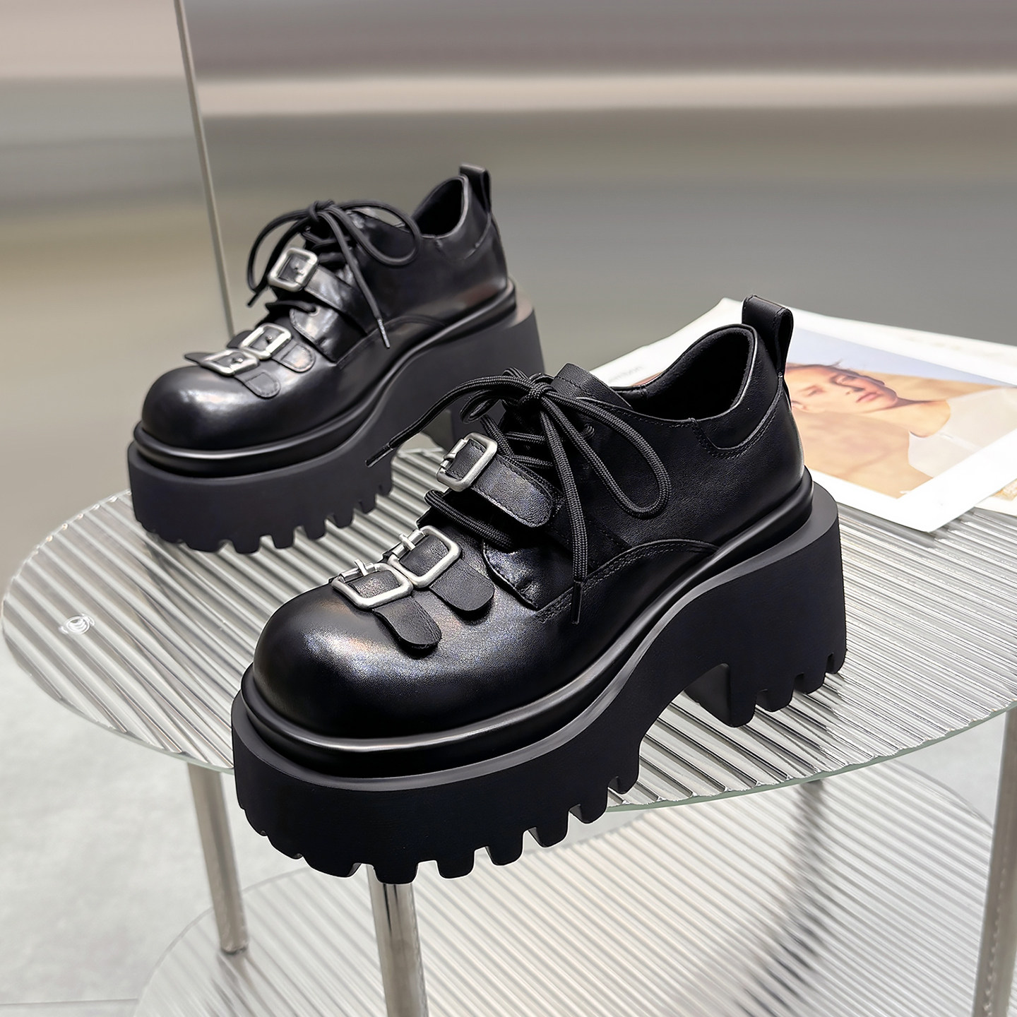 欧洲站英伦风厚底乐福鞋女真皮系带松糕底粗跟增高复古金属扣单鞋