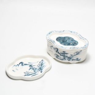 青花手绘茶船干泡台储水茶盘全手工陶瓷托盘复古功夫茶具潮汕家用