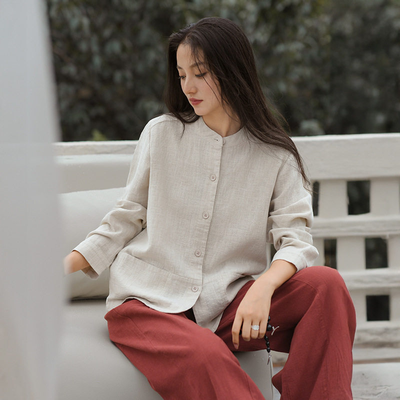 鹿与安笛2026秋季新款棉麻外套女立领新中式苎麻高级感衬衫上衣