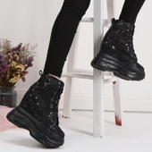 女14公分厚底老爹鞋 断码 小个子内增高网面婚鞋 松糕蕾丝网休闲鞋 鞋