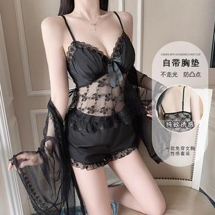 瑰若纯欲丝滑缎面睡衣深V加胸垫性感透视蕾丝家居服三件套装