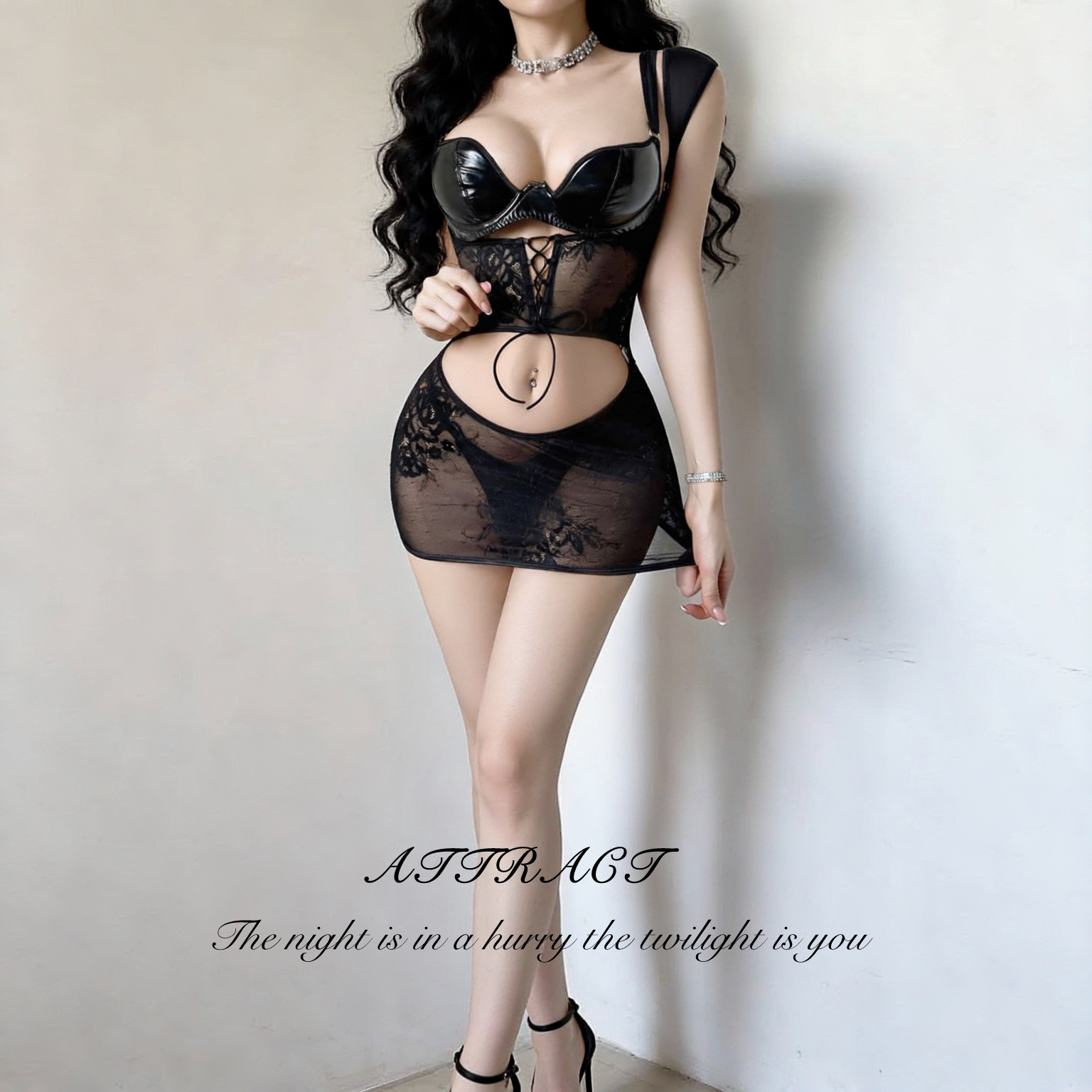 Attract高级辣妹PU皮拼接透视网纱绑带束腰露脐性感塑身分体套装