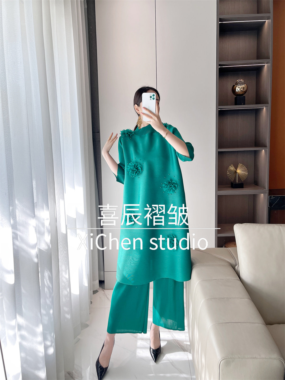 三宅褶皱2023年春夏新款半高领宽松立体花朵粉色气质时尚套装裙