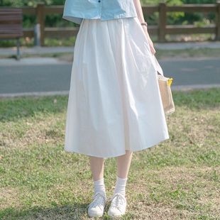 日系甜美穿搭工装 a字伞裙 半身裙女大码 胖mm小众白色松紧腰中长款