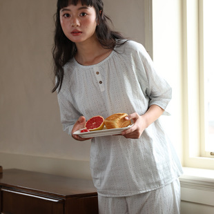 休闲印花外穿睡衣 春夏女款 100%全纯棉家居服纽扣宽松短裤 短袖 套装