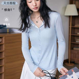 春夏轻薄女莱赛尔天丝醋酸醋纤腈纶羊毛开衫 上衣黑 修身 子母扣长袖