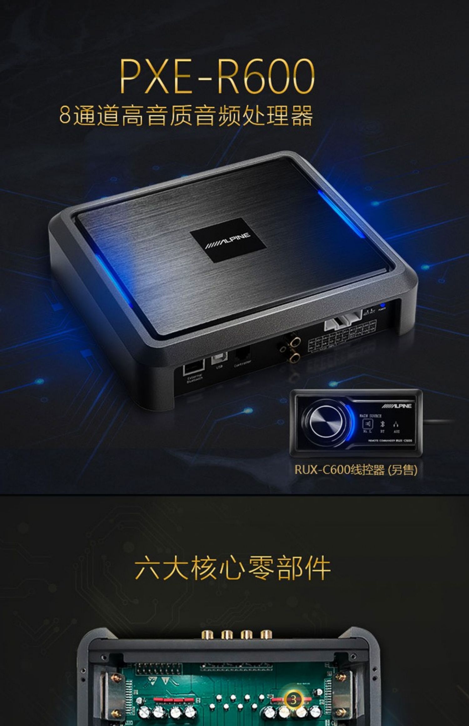 阿尔派汽车音响改装R600车载音频处理器DSP6进8出三分频系统