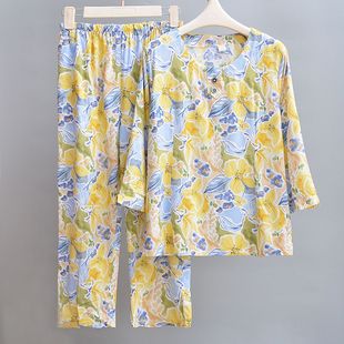 棉绸睡衣女夏季 薄款 外出绵绸爆款 中老年人造棉妈妈七分家居服套装
