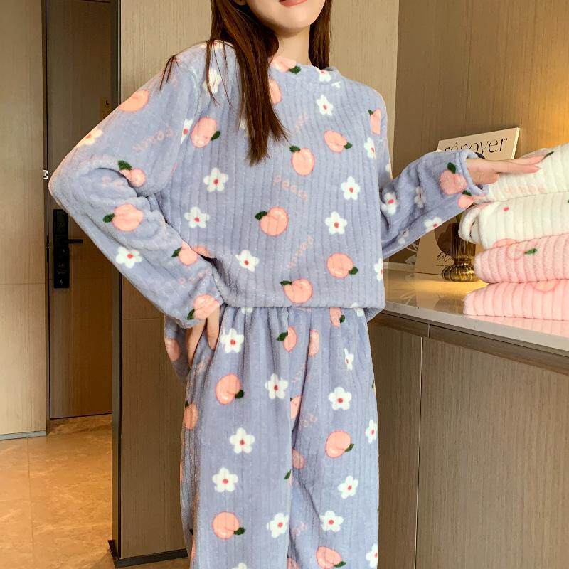 大码宽松珊瑚绒冬季睡衣女保暖加厚甜美宿舍加绒家居服套装裤子